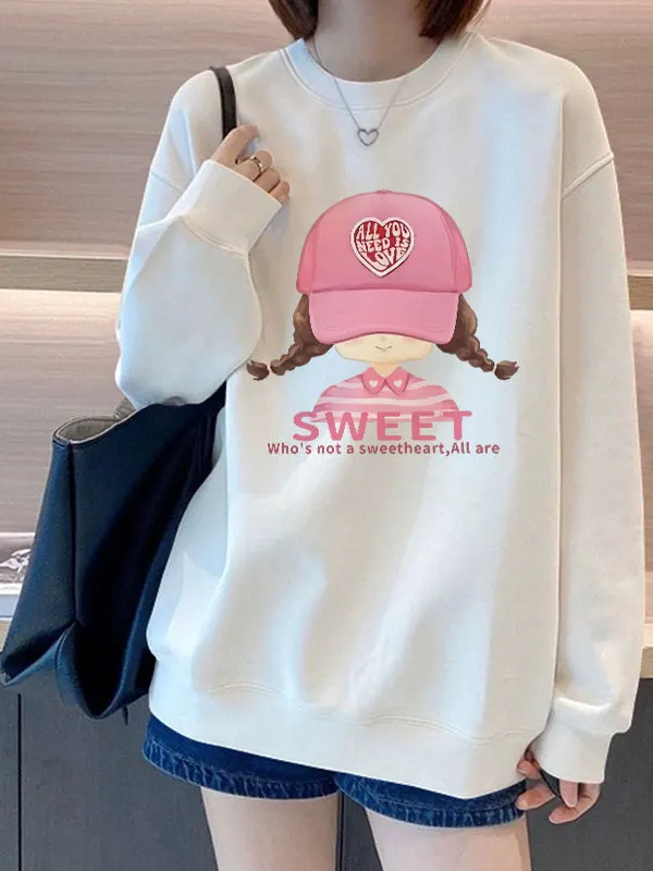 

Белый круглый свитшот женский, тонкий, новинка ранней осени, свободный крой, без капюшона, из полиэстера, с длинными рукавами