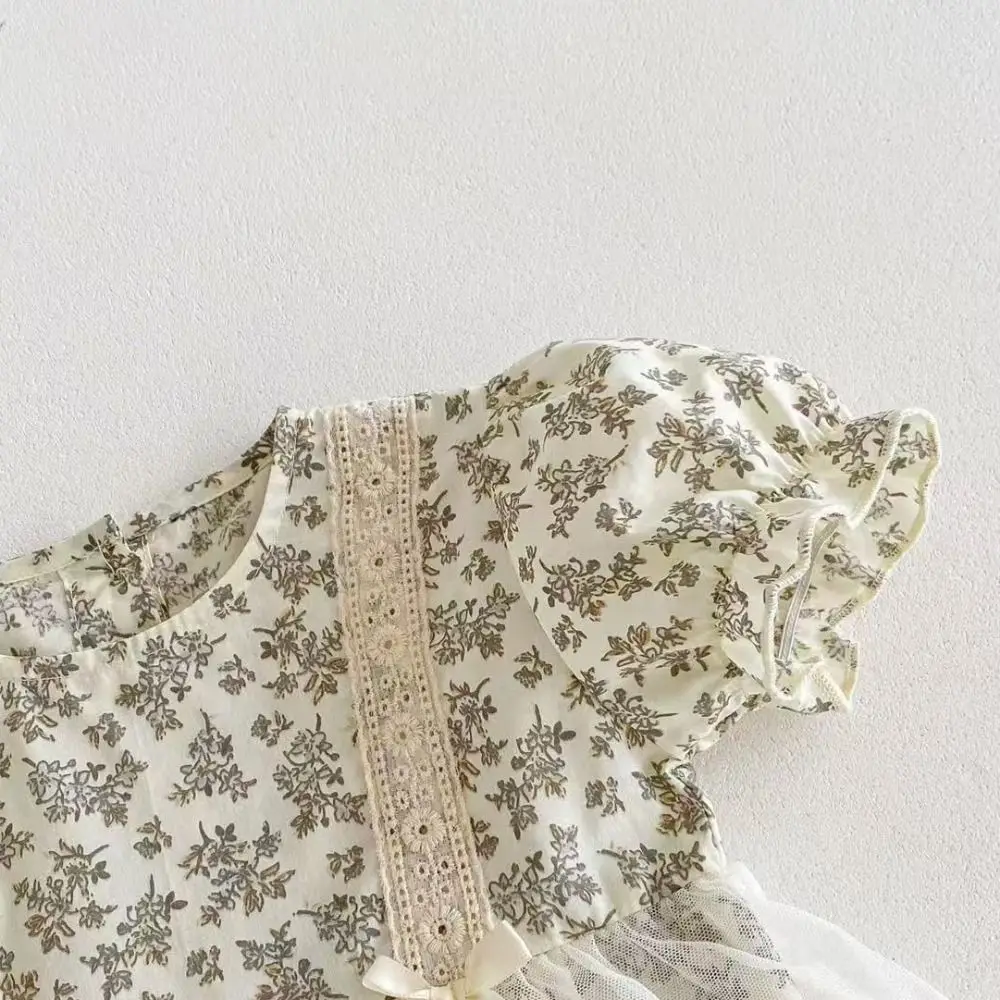 لطيف الدانتيل شبكة الطفل البلوز فستان Bowknot رقيق زهرة الطفل بذلة القطن رومبير للرضيع طفل تسلق دعوى ملابس الرضع #4