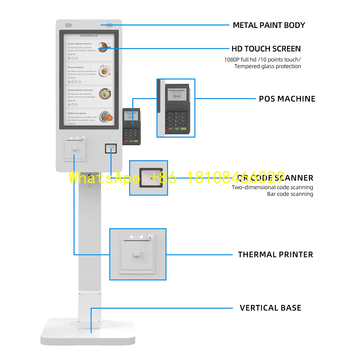 Capacitive Touch Screen Food Ordering Machine Self-service Kiosk for Restaurant Floor Standing / Wall Mounted