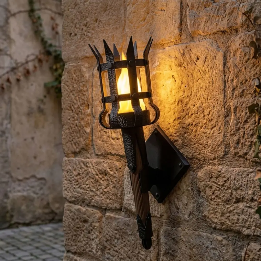 Vintage Medieval Torch Wall Lamp Led Lighting Dual Torch Halloween Flame Torch Light Castle Style Table-Base
