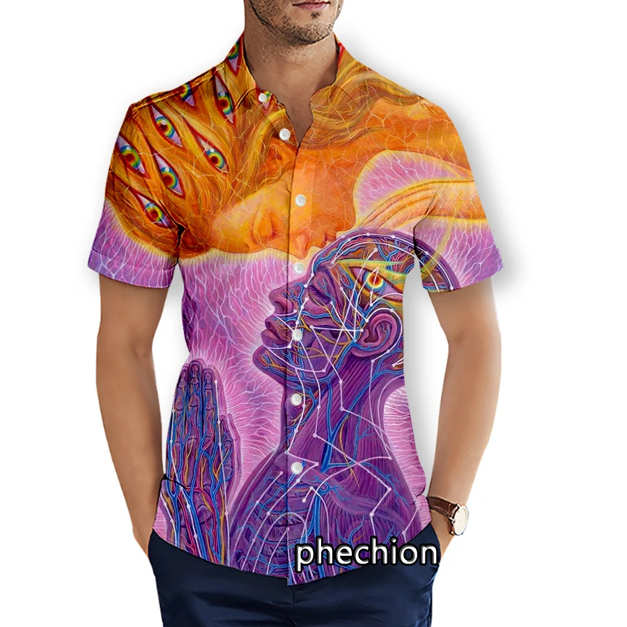 phechion Summer Mens Short Sleeve Beach Shirts Psychedelic 3D Printed Casual Shirts Fashion Streetwear Men Tops X59