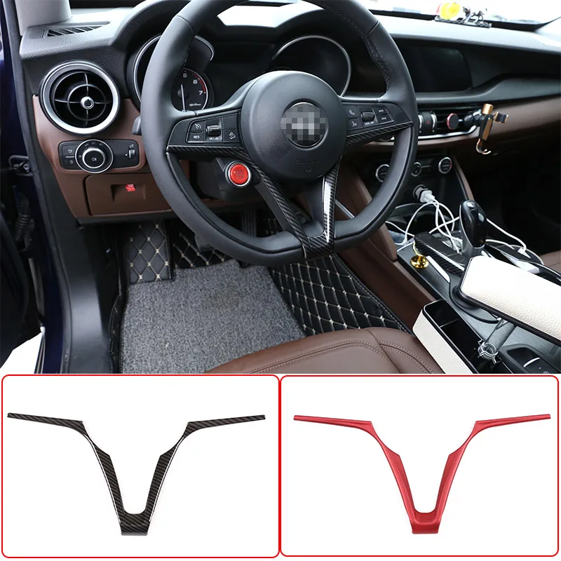 For Alfa Romeo Stelvio Giulia 2017-19 ABS Red Carbon Fiber Car Steering Wheel V-Shaped Decorative Frame Sticker Car Accessories