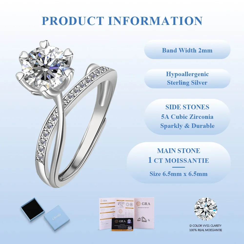 

Женские кольца с муассанитом 1 карат, ювелирные изделия из стерлингового серебра 925 пробы, регулируемые кольца для невесты, свадебные подарки с сертификатом GRA