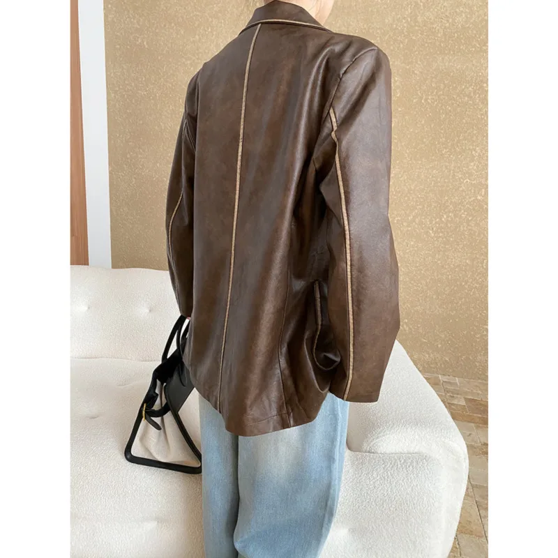 Jaqueta de couro marrom PU feminina, gola virada para baixo, bolso solto, blazer casual, casaco vintage