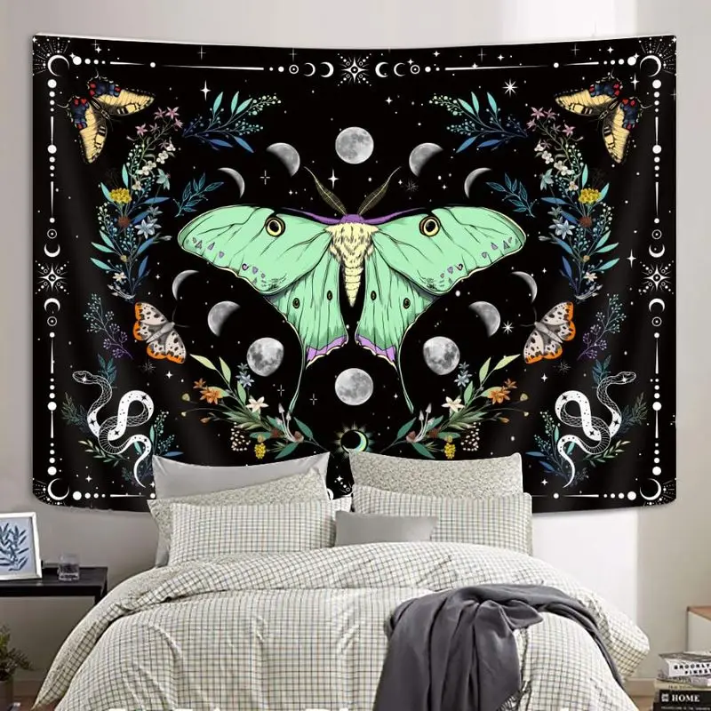 VIKAMA Moon Moth Butterfly Wall Tapestry | Black Boho Celestial Art | Moon Phase Floral Border for Bedroom Aesthetic