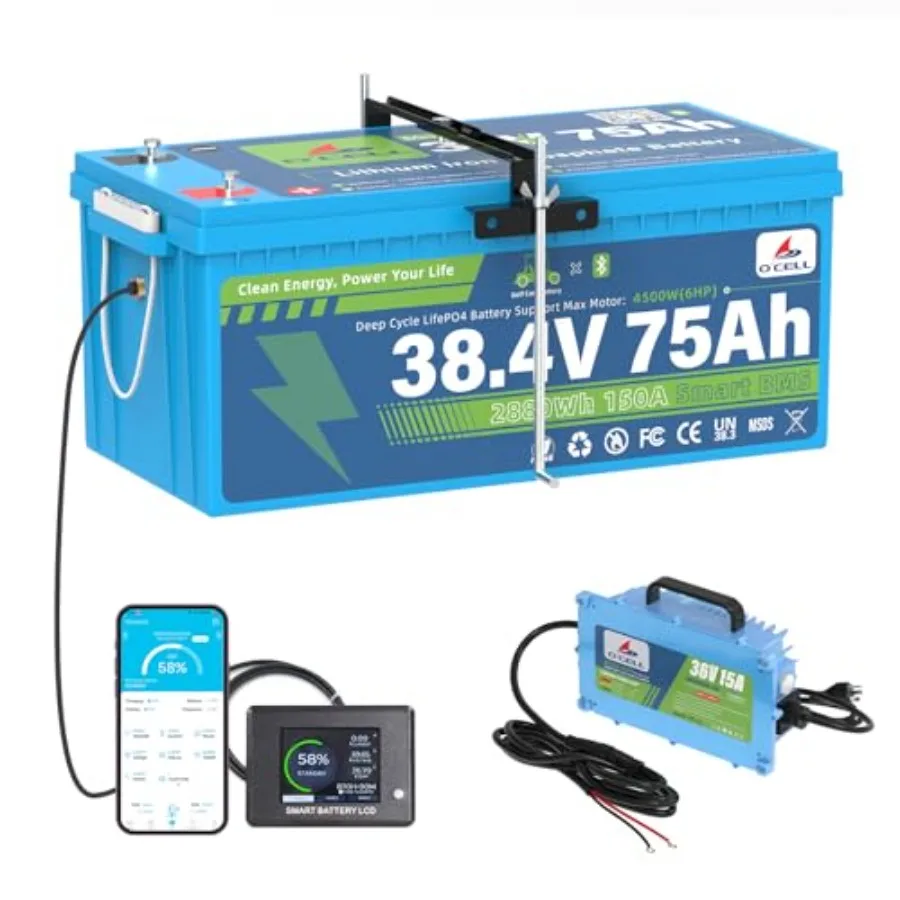 

Аккумулятор LiFePO4 36В 75Ач для гольф-кара с Bluetooth, BMS 150А, сенсорным монитором, зарядное устройство 43.8В 15А, IP67