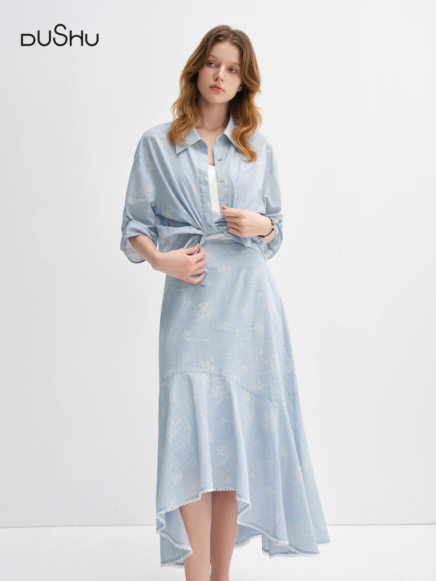 DUSHU Women Vibrant Color Print Shirt and Skirt Two-Piece Set, 2025 Fall New Arrival Elegant Fashionable Set 25DS83132+25DS83131