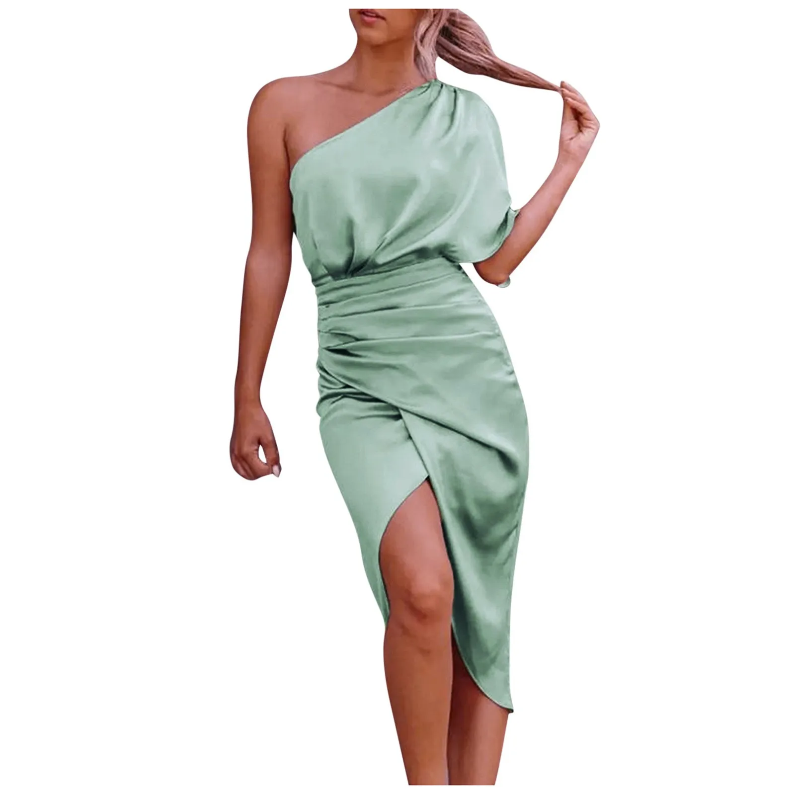 

Women Sexy Dress Summer Solid Color Off The Shoulder Hip Dress Side Slit Slim Wasit Pleated Fit Short Skirt Irregular Hem Party