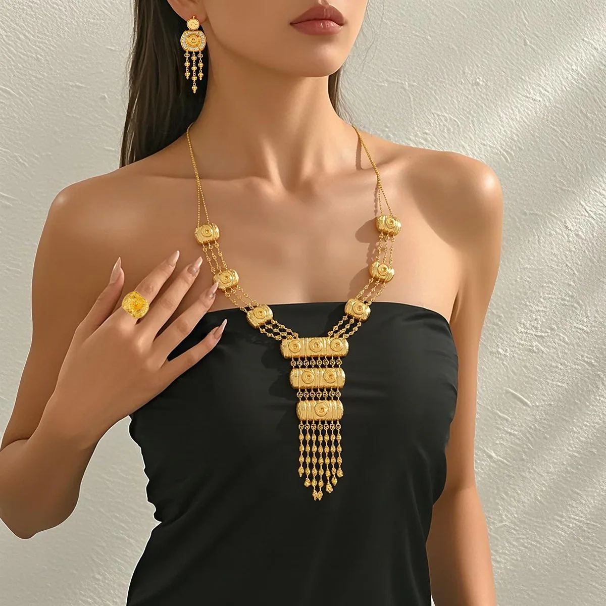 Luxury 24K 9999 Pure Gold real gold Women's Necklace Earrings Ring Set Middle East Bride Wedding Necklace