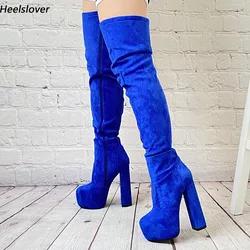 Ahhlsion New Women Winter Thigh Boots Side Zipper Chunky Heels Round Toe Beautiful Blue Red Cosplay Shoes Ladies US Size 5-20