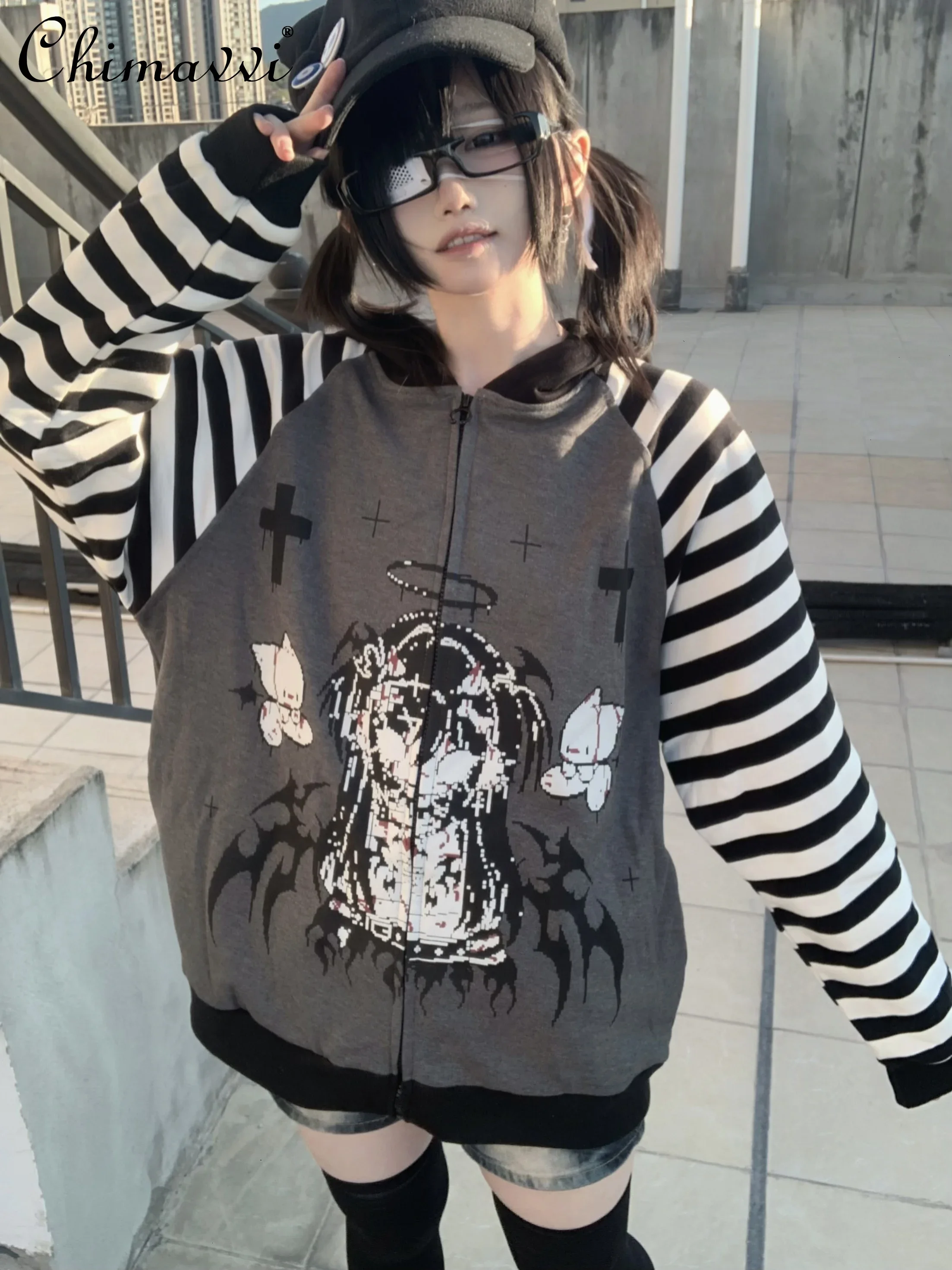 

Original Striped Subculture Punk Splicing Loose Print Hooded Sweatshirt Autumn New Cute Cat Ear Kawaii Women Hoodies Jacket