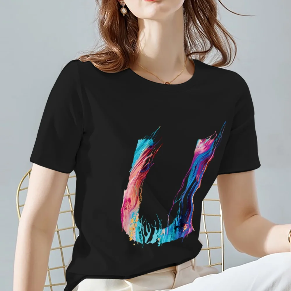 

Women's Classic Commuter Letter T-shirt Name Initials Spray Paint U Letter Casual Pure Black Round Neck Printing Comfortable Top