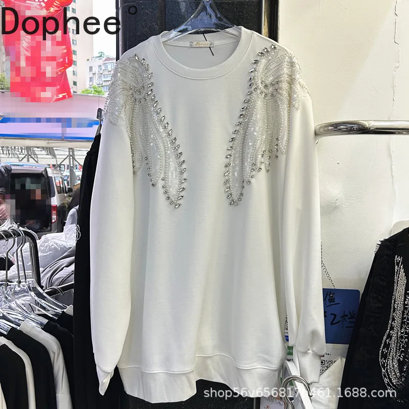 

Trendy Diamonds Beads Wings Women Sweatshirt 2025 New Autumn All-match O-neck Pullover Top Long Sleeve Casual White Hoodies