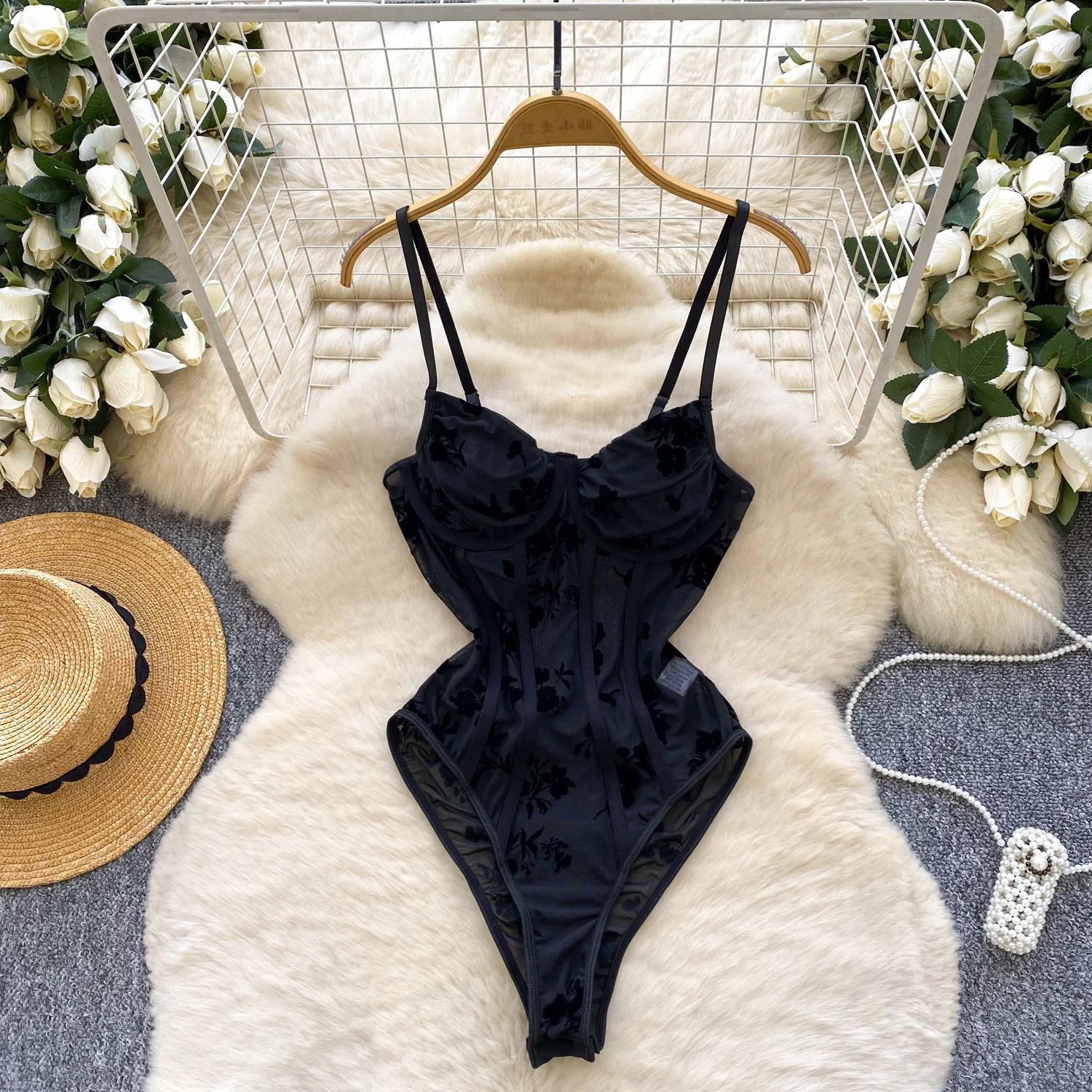 Women Hotsweet Vintage print mesh Bodysuits Chic Sleeveless Jumpsuits Top Rompers Sexy Clothing