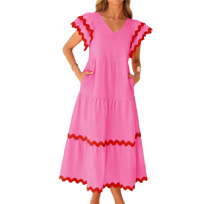 ABP-Mulheres 2025 verão casual midi vestidos com decote em v flutter manga curta plissado em camadas uma linha flowy praia vestido longo