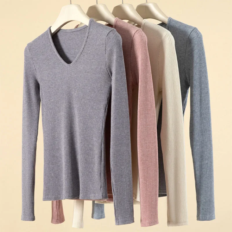 

2025 Autumn Winter Women Knitted Sweater Solid Color Basic Thin V-Neck Pullover Ladies Korean Slim Long Sleeve Jersey Jumpers