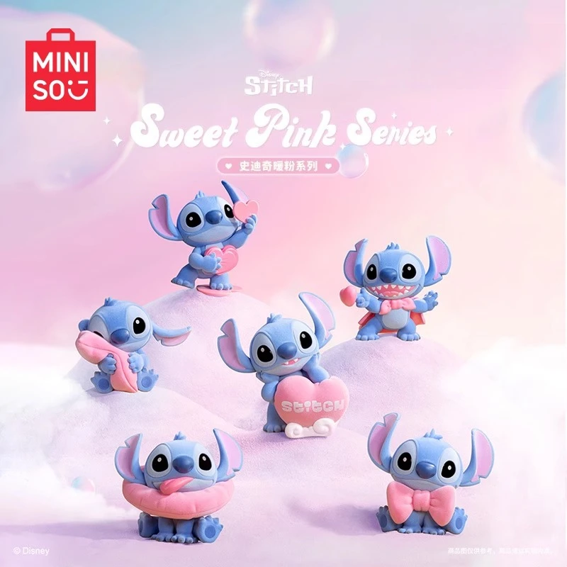 MINISO animación Stitch polvo cálido serie caja ciega Linda muñeca de punto de dibujos animados adornos de escritorio 520 regalo para novia