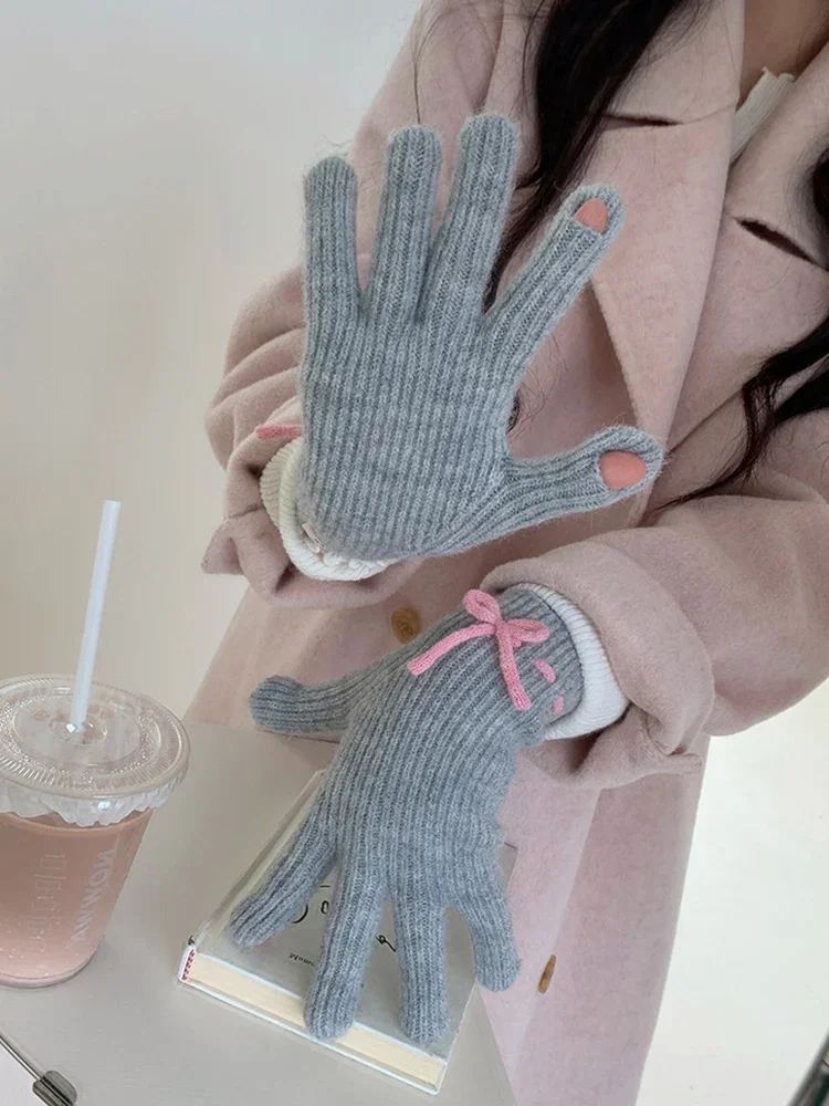 AliExpress Korea Women Knitted Bow Gloves Winter Warm Touch Screen Gloves Fullfinger Kawaii Japanese Jk Cycling