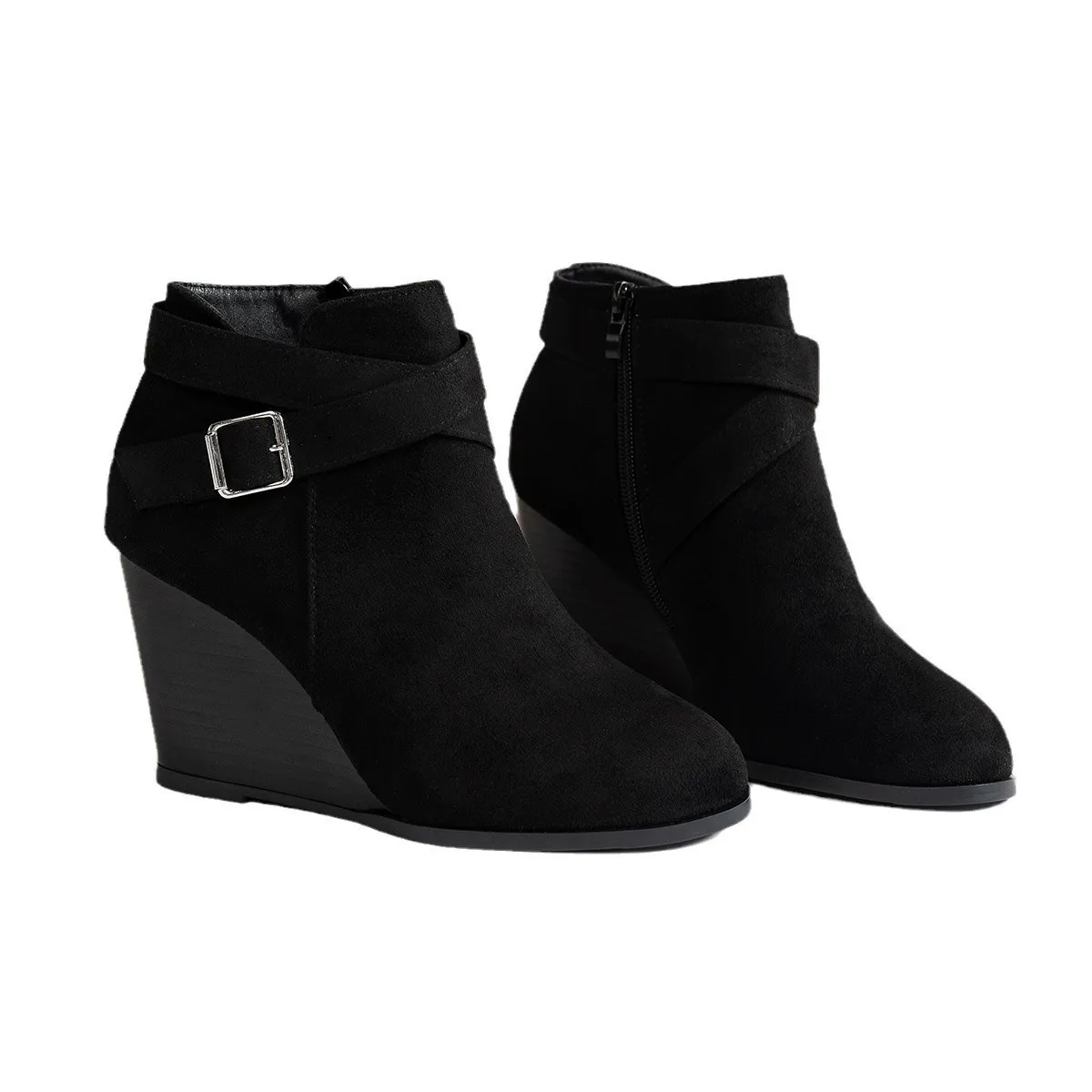 Modische neue bequeme Arbeitsstiefel mit Keilabsatz, Winterstiefel mit runder Spitze, elegant, lässig, Reißverschluss, Party, Damenstiefel mit hohen Absätzen – Detail 7