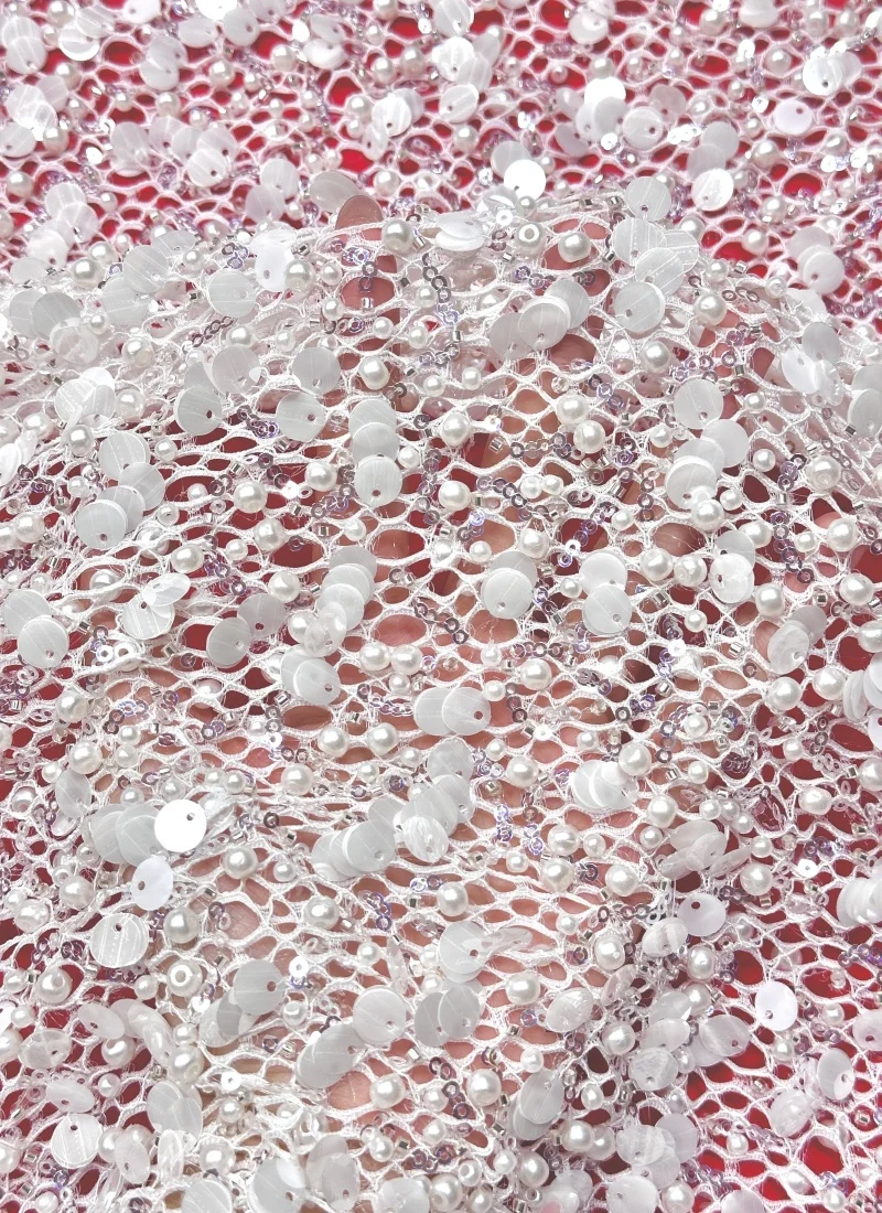 

Latest Luxury White Heavy Beads Sequins African Nigerian Lace Fabric 2026 Beaded French Lace Fabric For Party Dress
