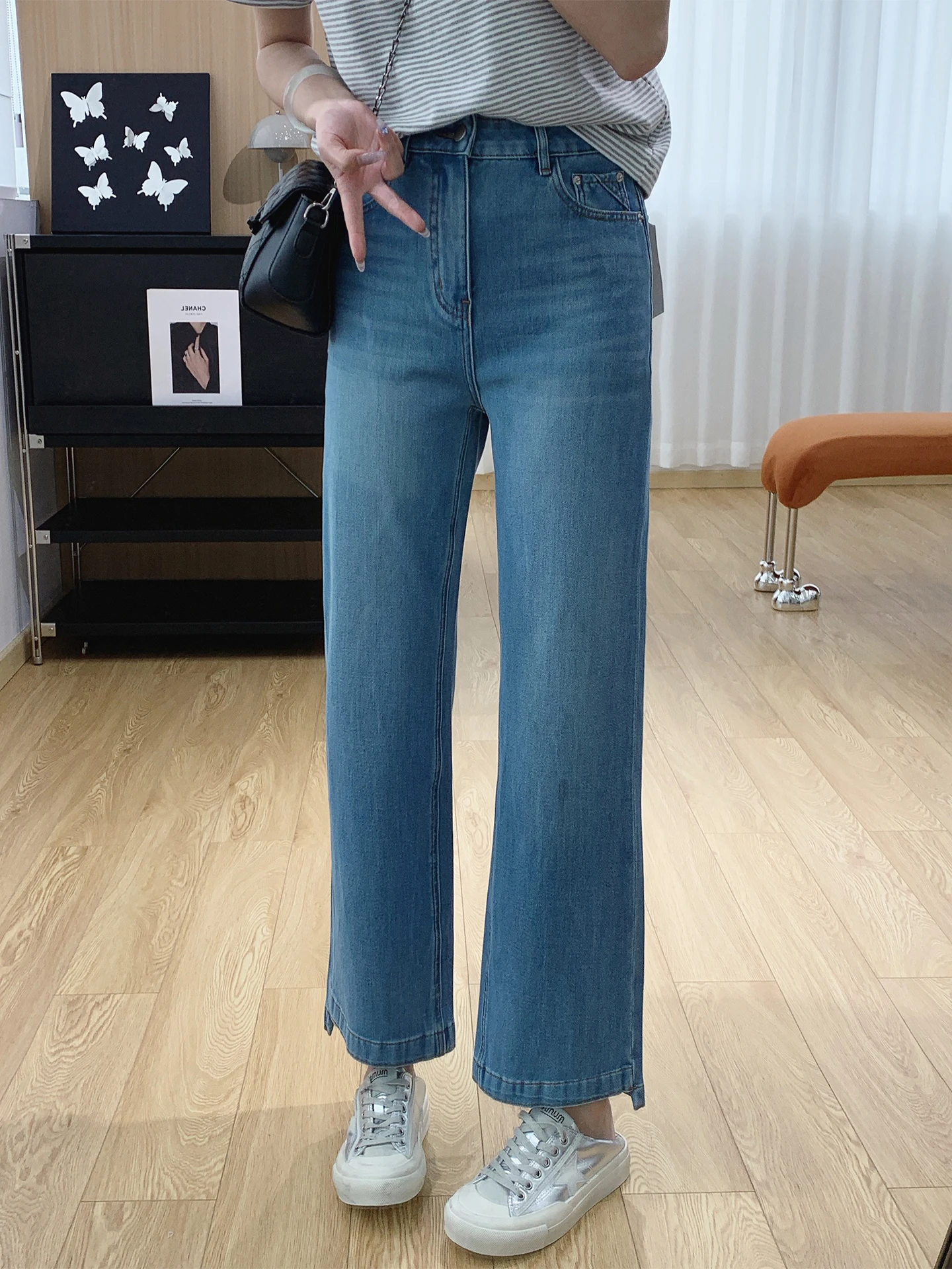 

High Waist Wide Leg Straight Cut Jeans Women's Spring Summer Loose Fit Cotton Elastic Four Directional Roll up Pants
