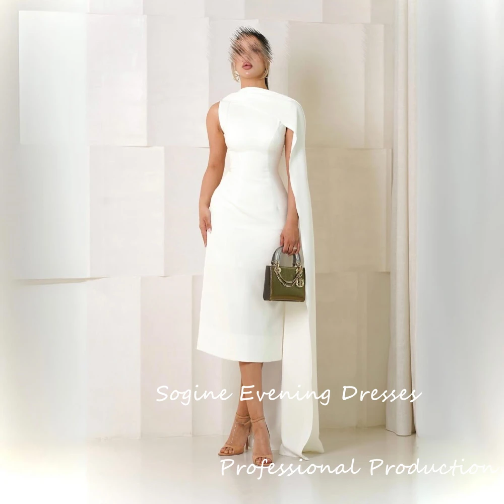 

Summer Crepe Customized Ivory Evening Dresses With Cap Sleeve Tea-Length Straight فساتين سهرة Corset Cocktail Dress