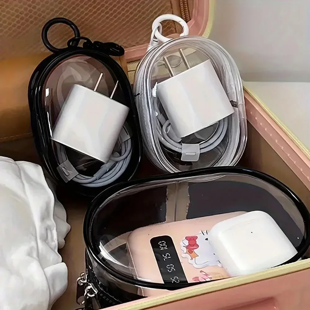 1/2Pcs Mini Clear Zipper Storage Pouch With Keychain Portable Organizer Bag For Plush Dolls Earphone Case Charging Accessories