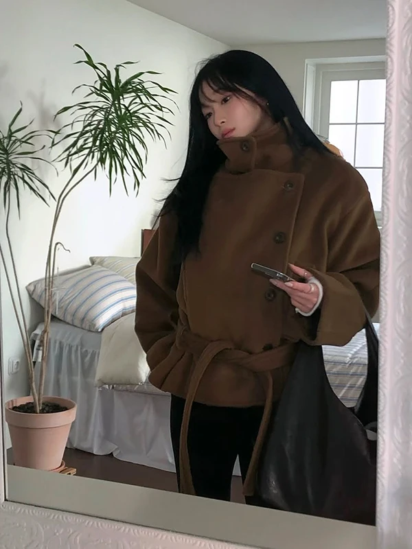 

Chic Cotton Thiened Woolen Coat Women's ort Sle Belted Slimming Design Collar Stand up Winter Faion Outerwear