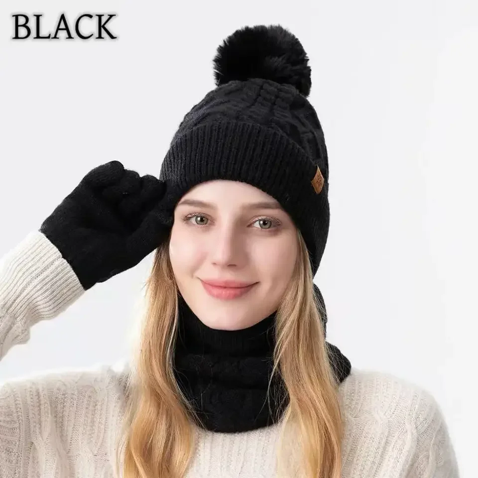 Winter-Set mit gestrickten Schals und Mützen und Handschuhen – mit Fleece gefüttertes warmes Thermo-Zubehör für Outdoor-Fahren