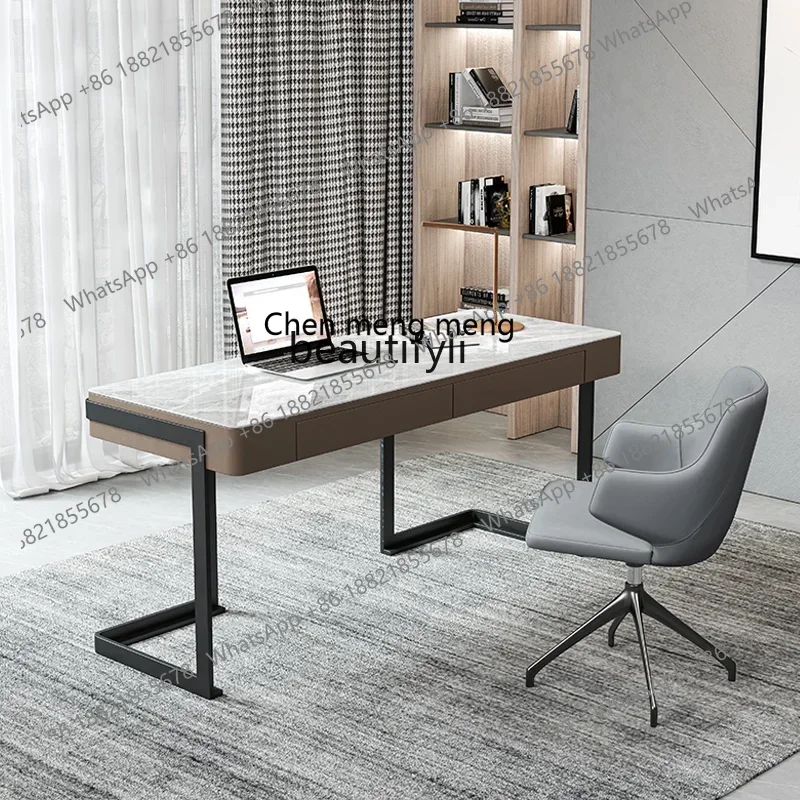 ss7486 Italian Minimalist Stone Plate Light Luxury Study Desk Modern Minimalist Writing Desk Bookcase Integrated Home