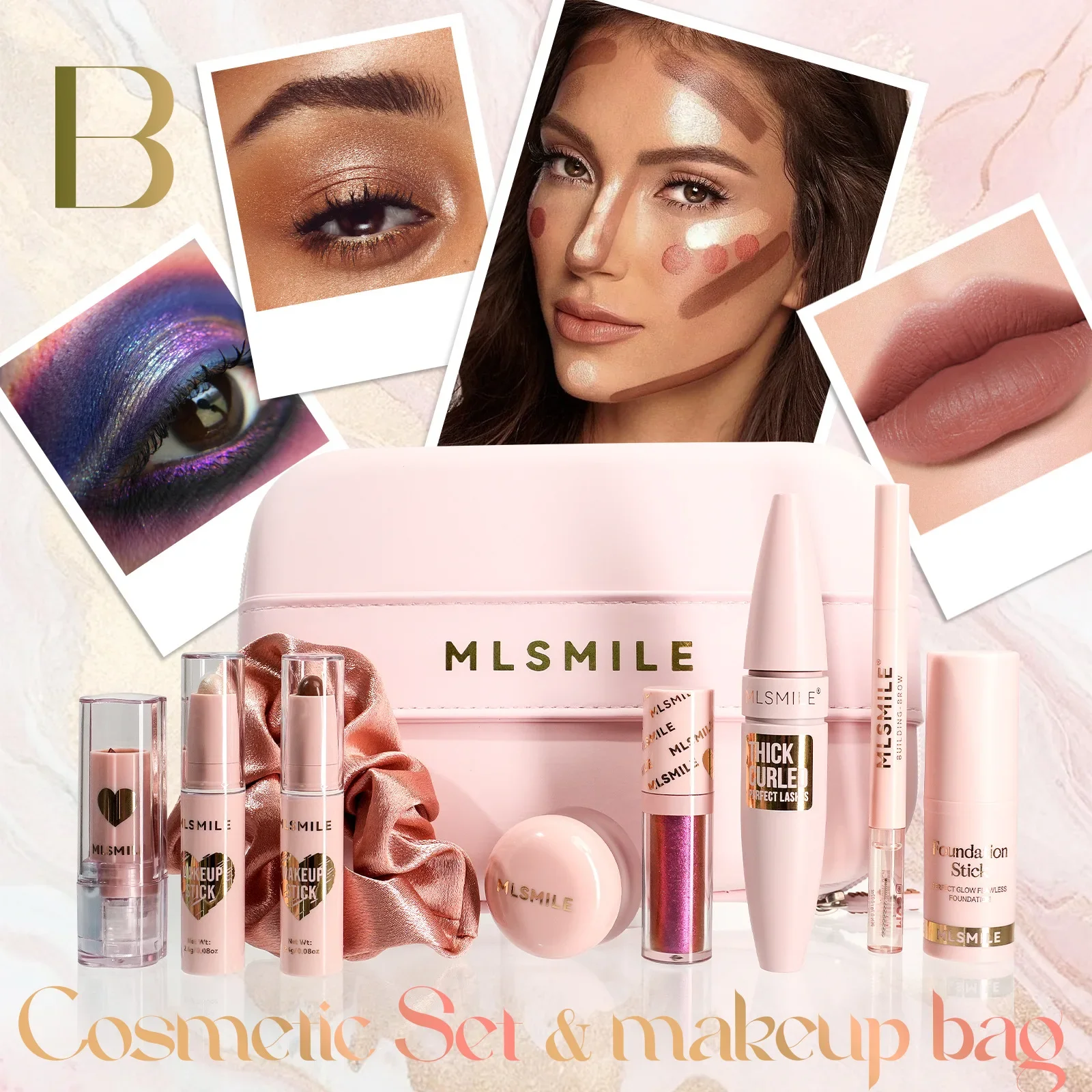 MLSMILE Zestaw do makijażu twarzy Kosmetyczka Duży zestaw Świąteczny prezent walentynkowy Pomadka do ust Błyszczyk do ust Tusz do rzęs Róż do powiek Eyeliner Pudełko upominkowe