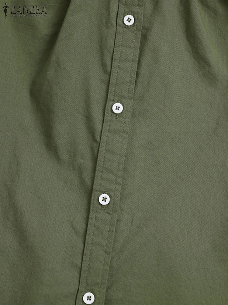 ZANZEA 2025 Autumn Womens Shirts Mandarin Collar 3/4 Sleeve Gathered-Back Cotton Chemises Femme Casual Lightweight Camisas