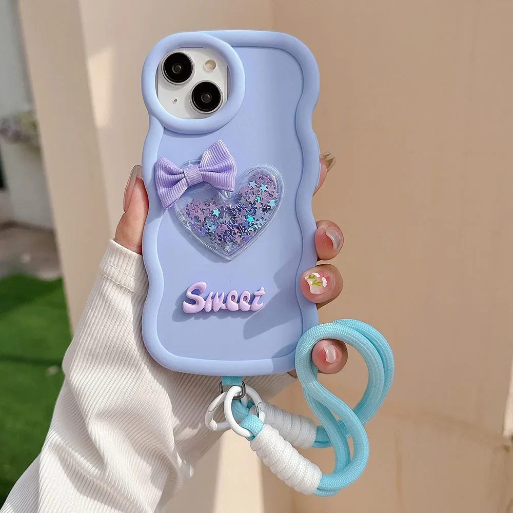 Cute Love Heart Bow Wavy Soft Phone Case for Xiaomi 14 Pro Poco X6 X5 Pro C65 C61 C55 C51 C50 Silicone Cover with Hanging Rope