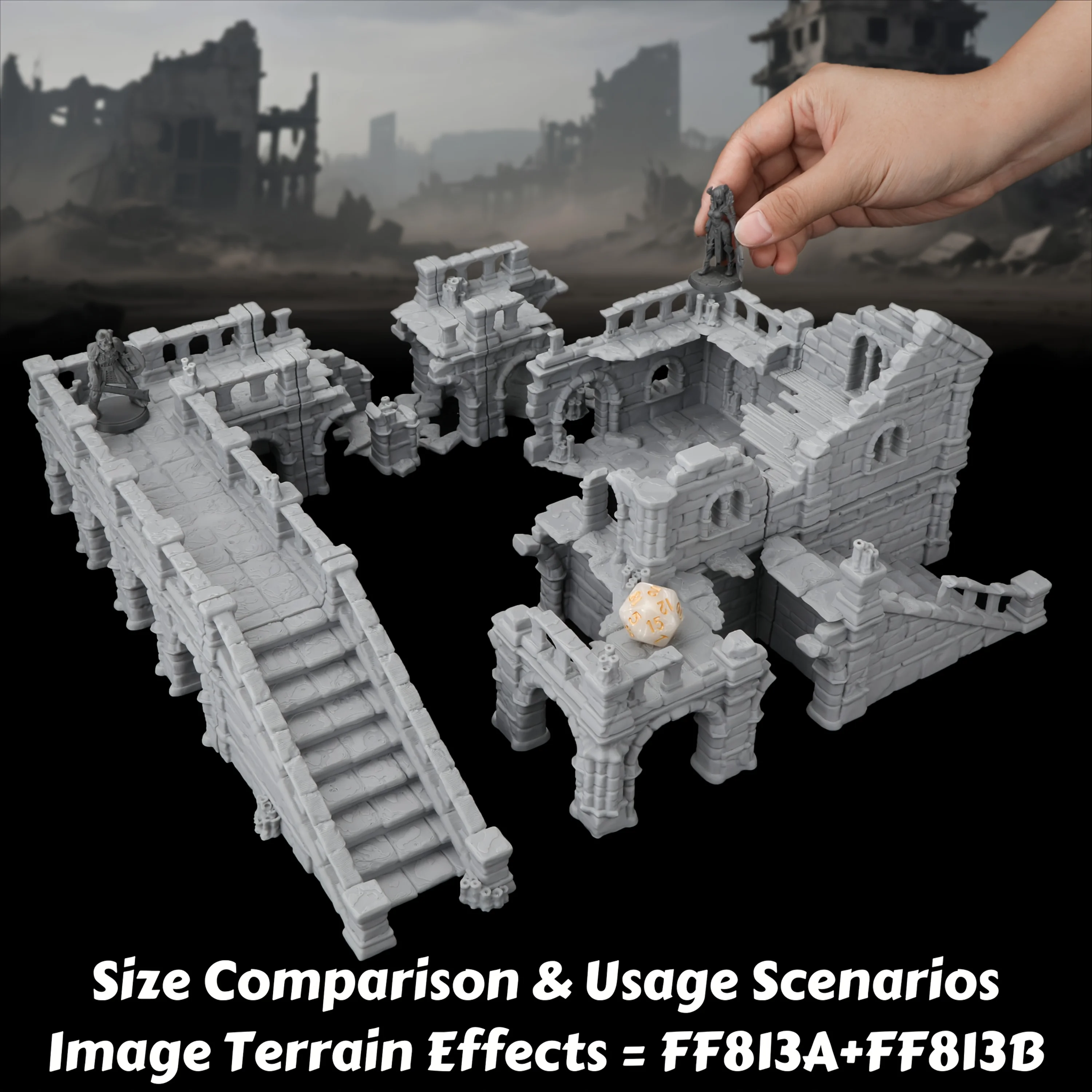 RPG Ruins Miniature Terrain Set – Ruined Elevated Road & Ruins of House for Tabletop Scenarios, Modular City Ruins for TTRPG