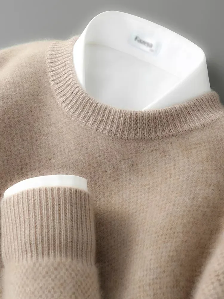 

00% вязаный свитер из чистой шерсти, мужской круглый свитер Ne Thiened Color Camere, повседневный зимний базовый слой, деловой повседневный свитер