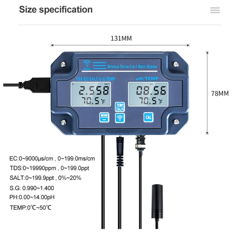 6-In-1 Digital Water Analyzer PH/EC/TDS/Salt/Gross Weight/Temperature Recording Online Wifi Water Quality Monitor