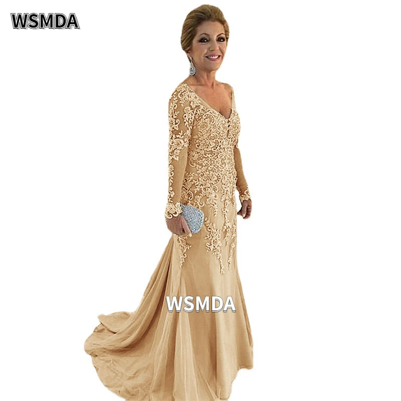 Lace Long Sleeves Mother of the Bride Dresses V-neck Zipper Back Tulle Mermaid Wedding Party Dress Formal Evening Gown