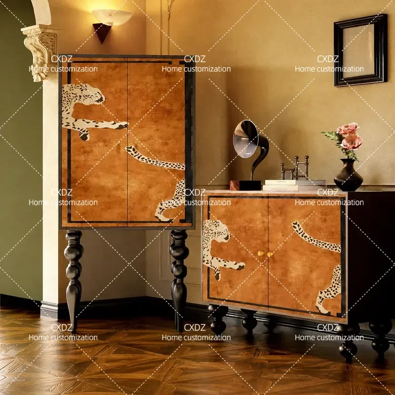 French Retro Leopard Print Solid Wood Tall Cabinet Entryway Locker Living Room Storage Decorative Vertical Art Cabinet