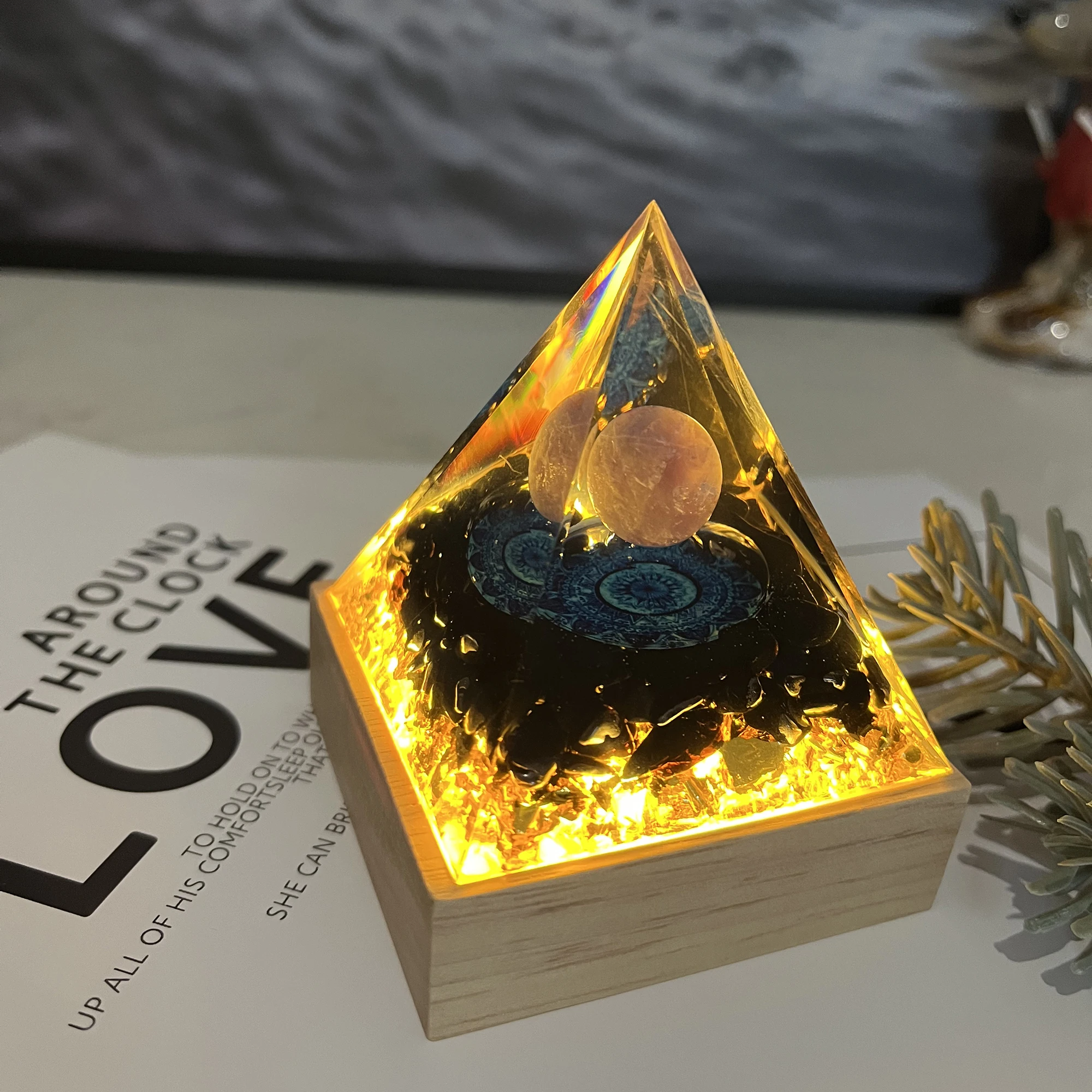 Customized Pyramid Natural Stone Led Wood Base Obsidian Tiger Eye Healing Crystal Reiki Chakra,Energy Orgonite Resin Sculpture