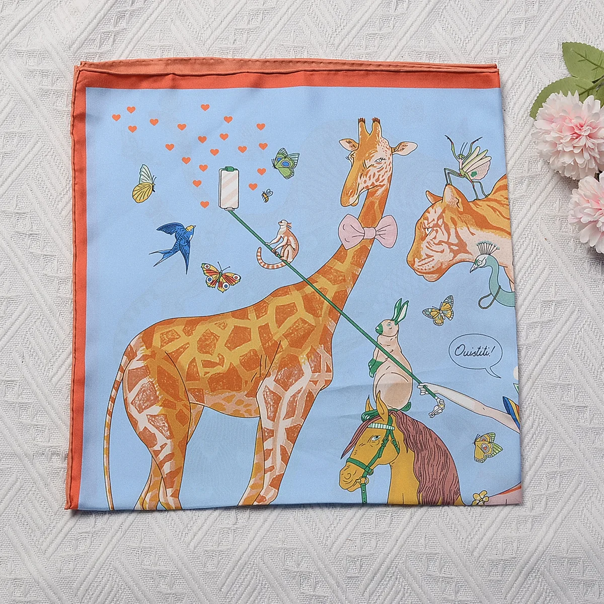 70cm New Design Animals Horse 100% Silk Scarf Women Brand Square Scarf Shawl Hijab Bandana Foulard Hand Rolled Edges Neckerchief