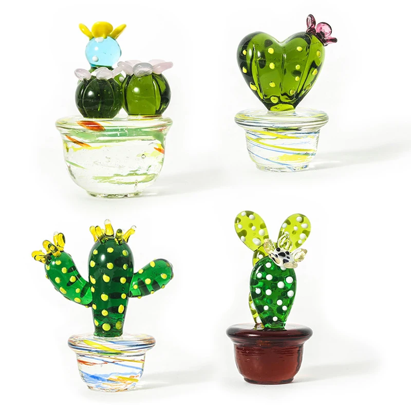 Hand Blown Cactus Glass Figurines Mini Art Glass Sculpture Decor Handmade Statue Gifts Collectible Office Desktop Ornament