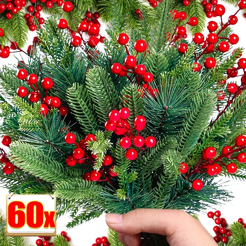 Agulhas de Pinho Artificial, Falso Red Berry Hastes Ramos, Verdura, Natal, Holly Berry, DIY Xmas Tree Drops, 32 pcs, 60pcs