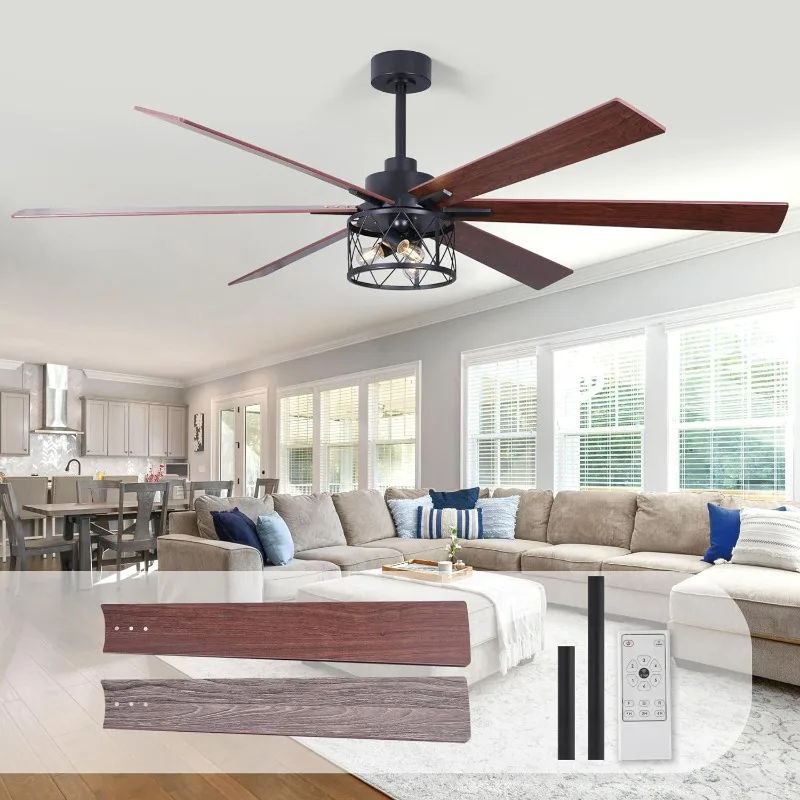 

REDSTAR 72" Semi Flushmount Ceiling Fan with Light and Remote, Reversible, 3 E26 Lights-Not Included, Noiseless, Black Ceiling F