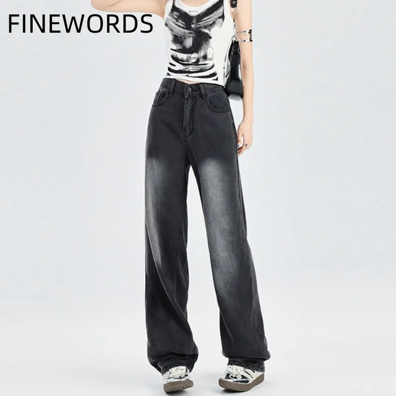 

FINEWORDS High Waist Vintage Soft Gray Wide Leg Jeans Women Casual Korean Baggy Jeans Streetwear Punk Harajuku Loose Denim Pants