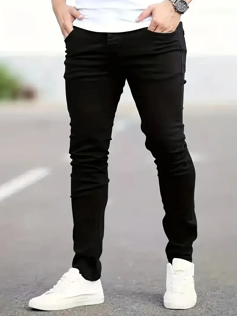 

Men's Slim Fit Stretch Jeans - Cotton Blend Denim, Solid Color, High-Waisted, Regular Length, All-Season Casual Streetwear, Smoo