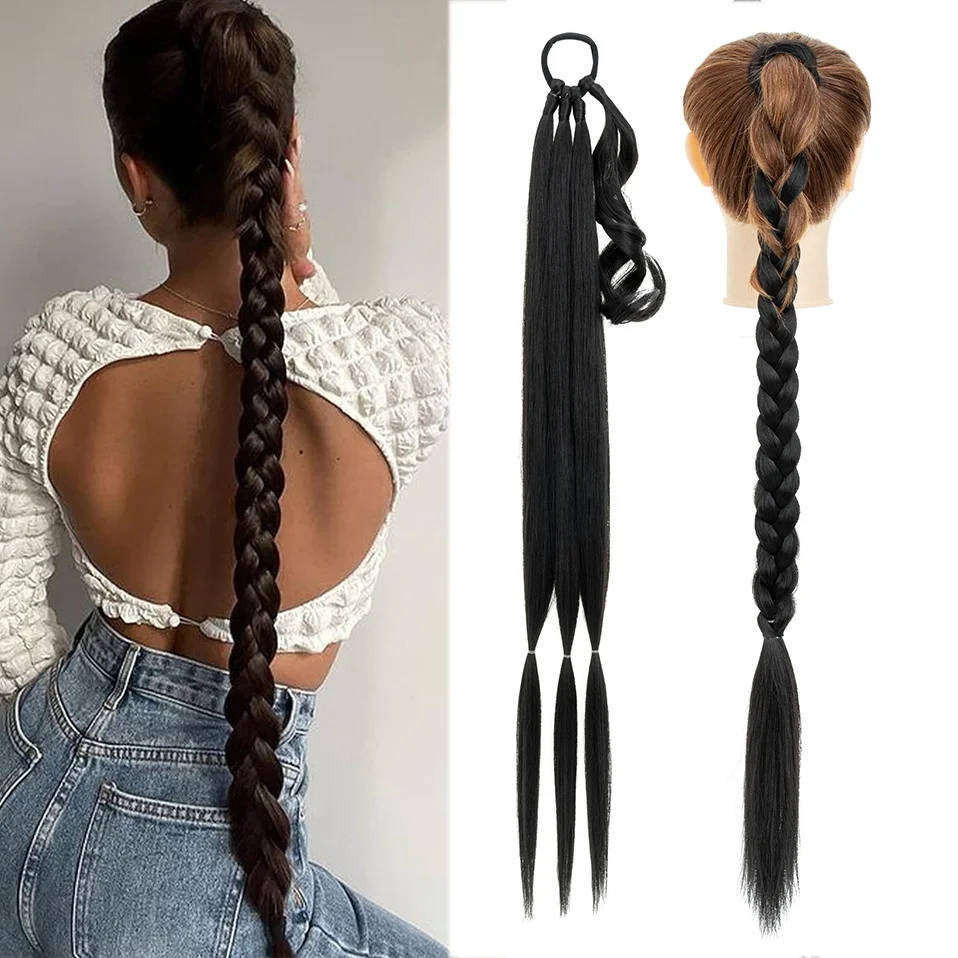 Benehair-Extension de queue de cheval longue tresse avec élastique, cheveux raides ronds, tresse de proximité synthétique, Wstring, 34 po