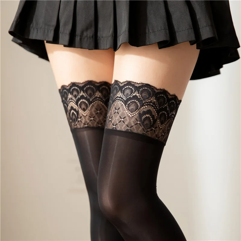 

Horse Peacock Lace Knee Thin Sexy Oil Bright Stockings Silicone Non-Slip Thigh High Socks