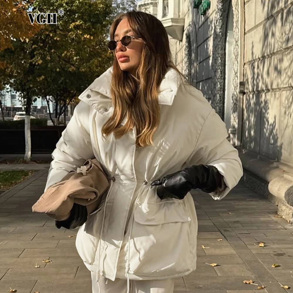 

VGH однотонное модное зимнее пальто для женщин с воротником-стойкой и длинным рукавом в стиле пэчворк, туника с завязками, теплая базовая повседневная куртка, женская новинка