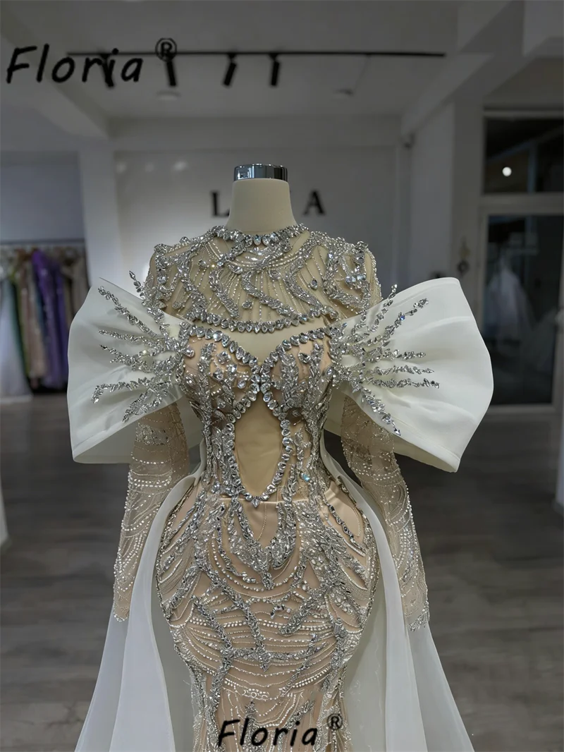 Contrast White Champagne Mermaid Wedding Dress with Detachable Train Crystal Lace Dubai Woman Formal Event Dresses Vestidos Gala