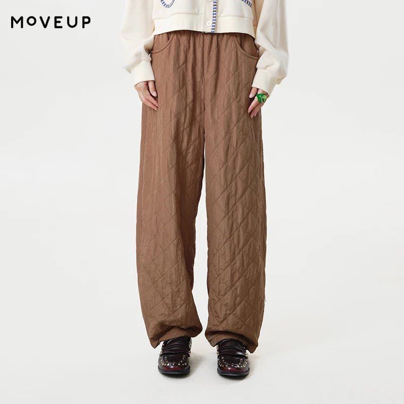 MOVEUP Women's Straight Leg Pants FUN Series 2026 Autumn Elastic Waist Embroidered Patch Fleece Lined Casual Trousers 3ELQ20110